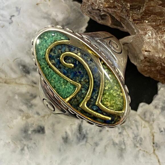 Carolyn Pollack Sterling Green Turquoise & Lapis Chip Inlay Oval Ring For Women - Picture 1 of 10